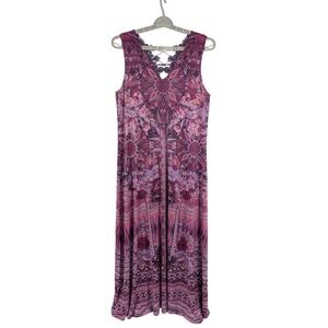 Mandala Print Maxi Dress M Tall Purple Pink Lace Back Boho Chic Sleeveless Fairy